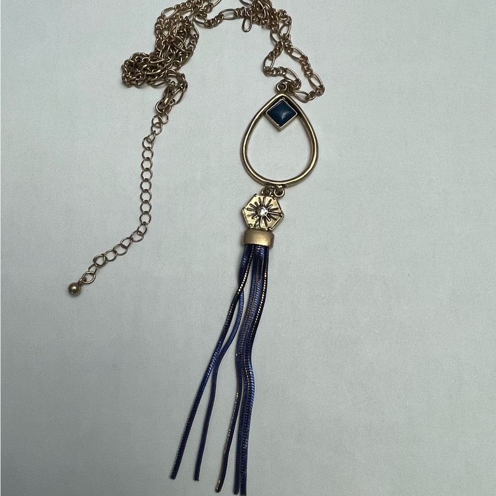 Gold Metal and Blue Stone Long Necklace - Picture 2 of 11